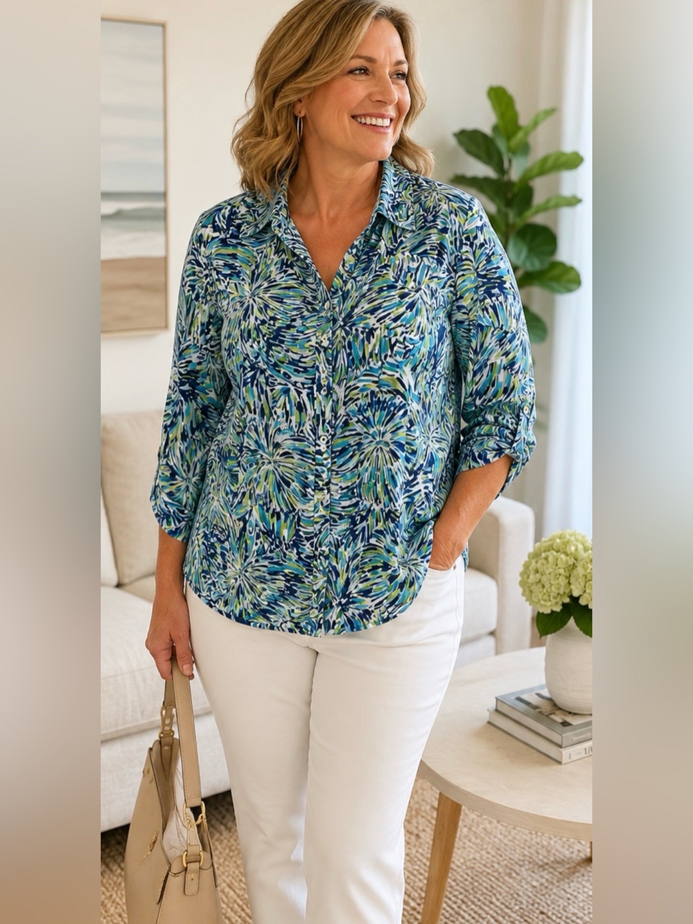 Ruby Rd. Blue Multi Floral-Print Button Front Blouse